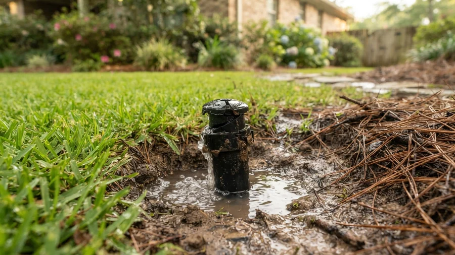 Leaking pop-up sprinkler head with wet soil around it