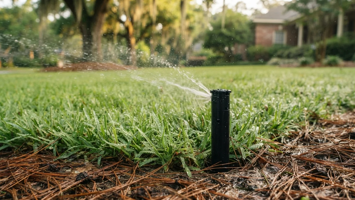 Pop-up sprinkler spraying a Savannah-style residential lawn