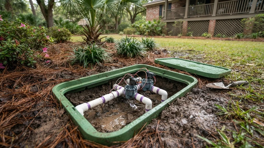 Open irrigation valve box with PVC fittings and damp soil